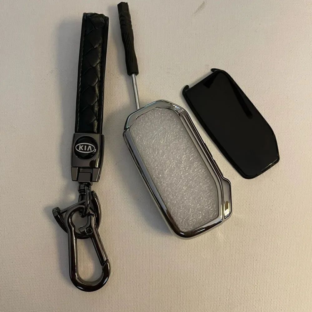 Kia Key Fob Keychain, Black Leather with Logo & Key Fob Cover in Silver NWT